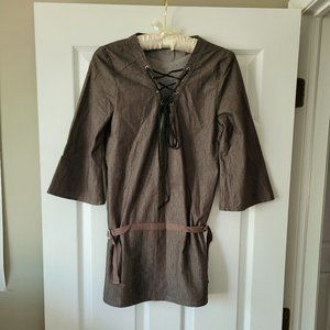 Abase Women's Tunic Shirt Lace Up * Khaki * 59% Cotton 3/4 * Bell Sleeve * Small